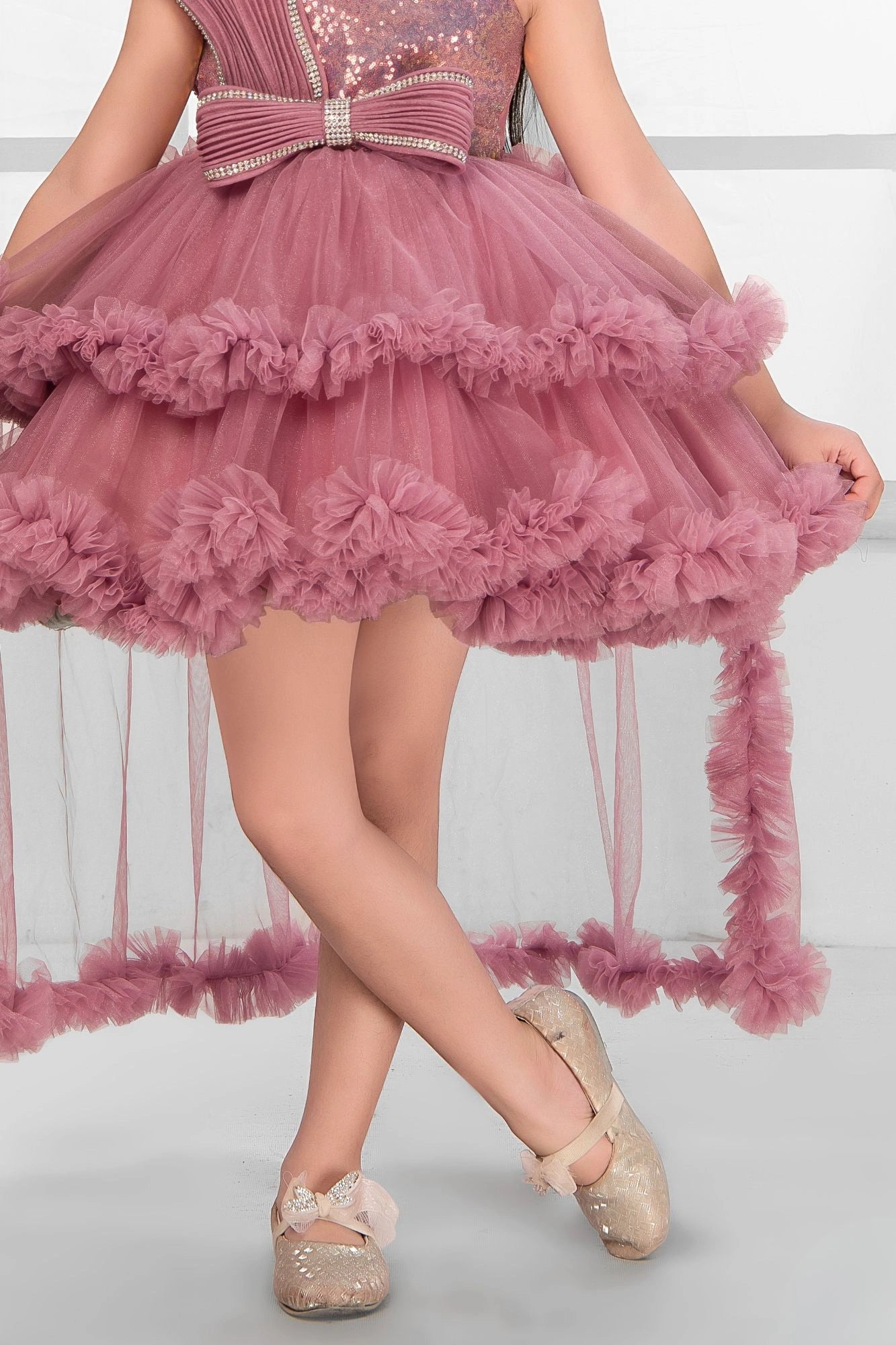 Dusty Rose Party Wear Frock with Sequin Bodice & Ruffled Hemline For Girls