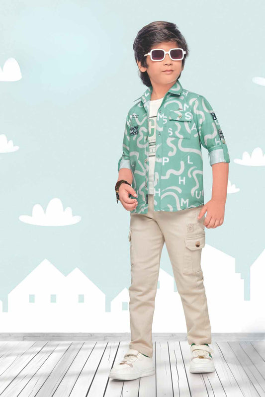 Green Overcoat With White T-shirt And Pant Set For Boys