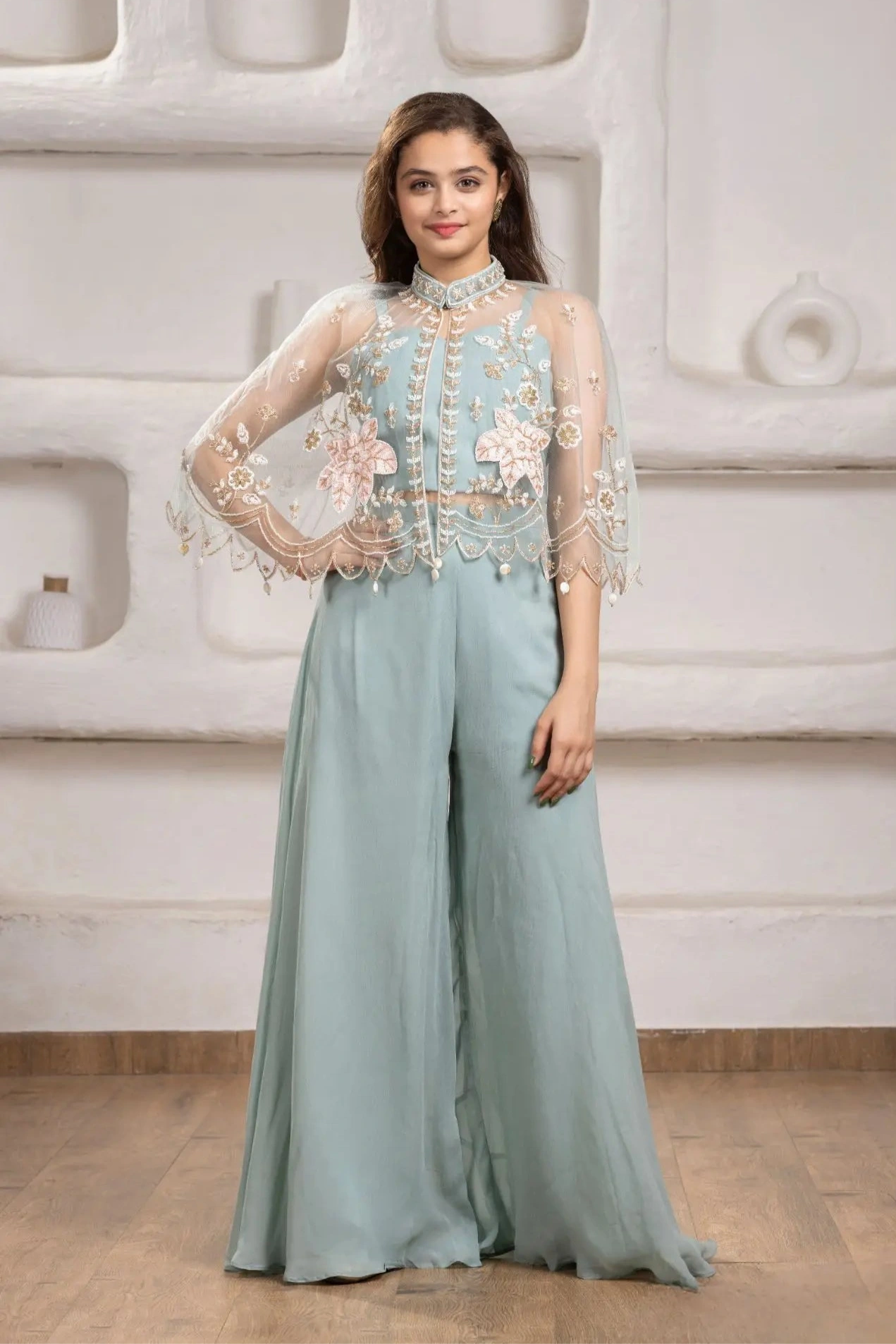 Pastel Blue Cape Style Palazzo Set With Sequin Floral Embroidery For Girls