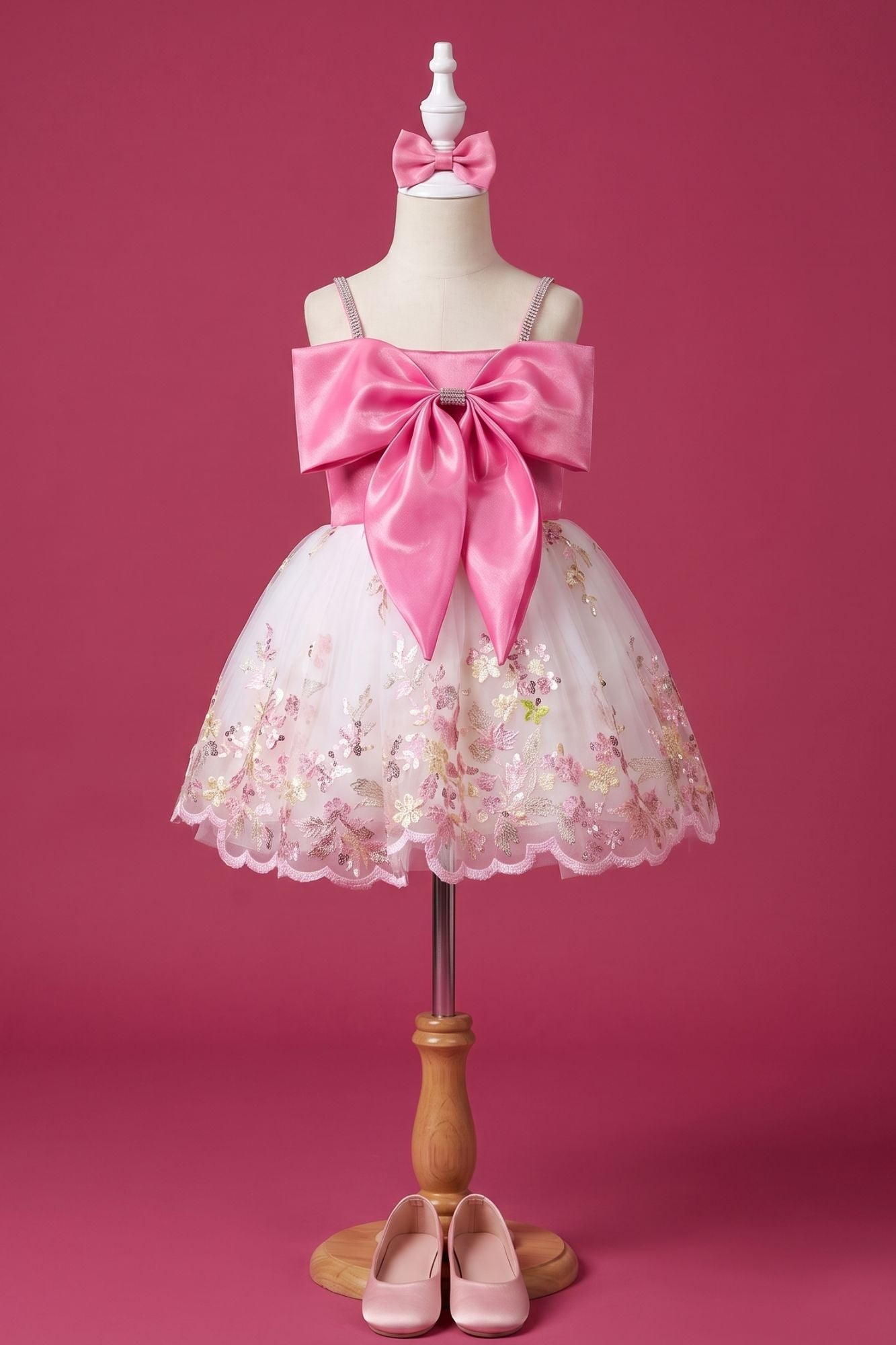 Pink Bow Embellished Party Frock with Floral Embroidery for Girls