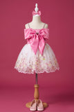 Pink Bow Embellished Party Frock with Floral Embroidery for Girls