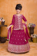 Cherry Maroon Sequins Work With Zari Embroidered Lehenga Choli For Girls