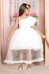 White Sequins Work With Bow Embellished Party Wear Tailback Frock For Girls