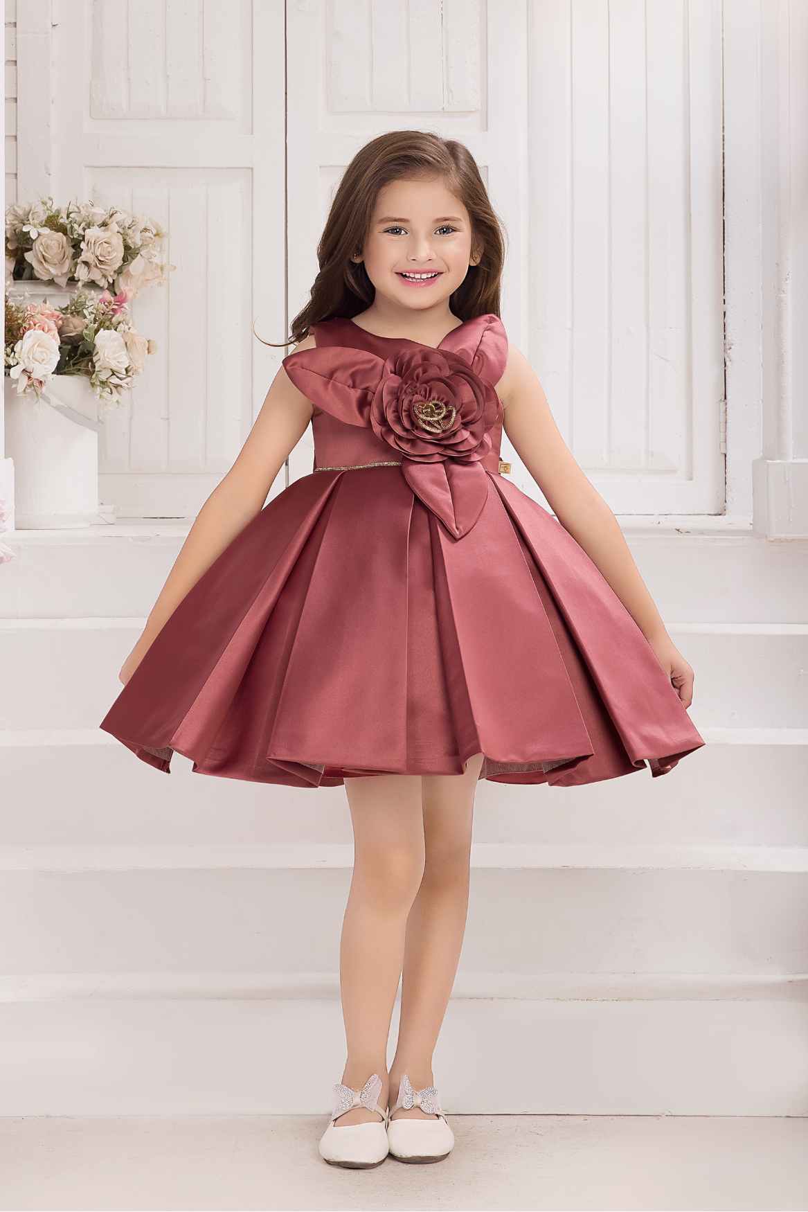 Rust Red Floral Embellished Party Wear Frock For Girls