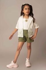 Olive Green Top And Shorts Casual Wear Set With Floral Embroidered Overcoat For Girls