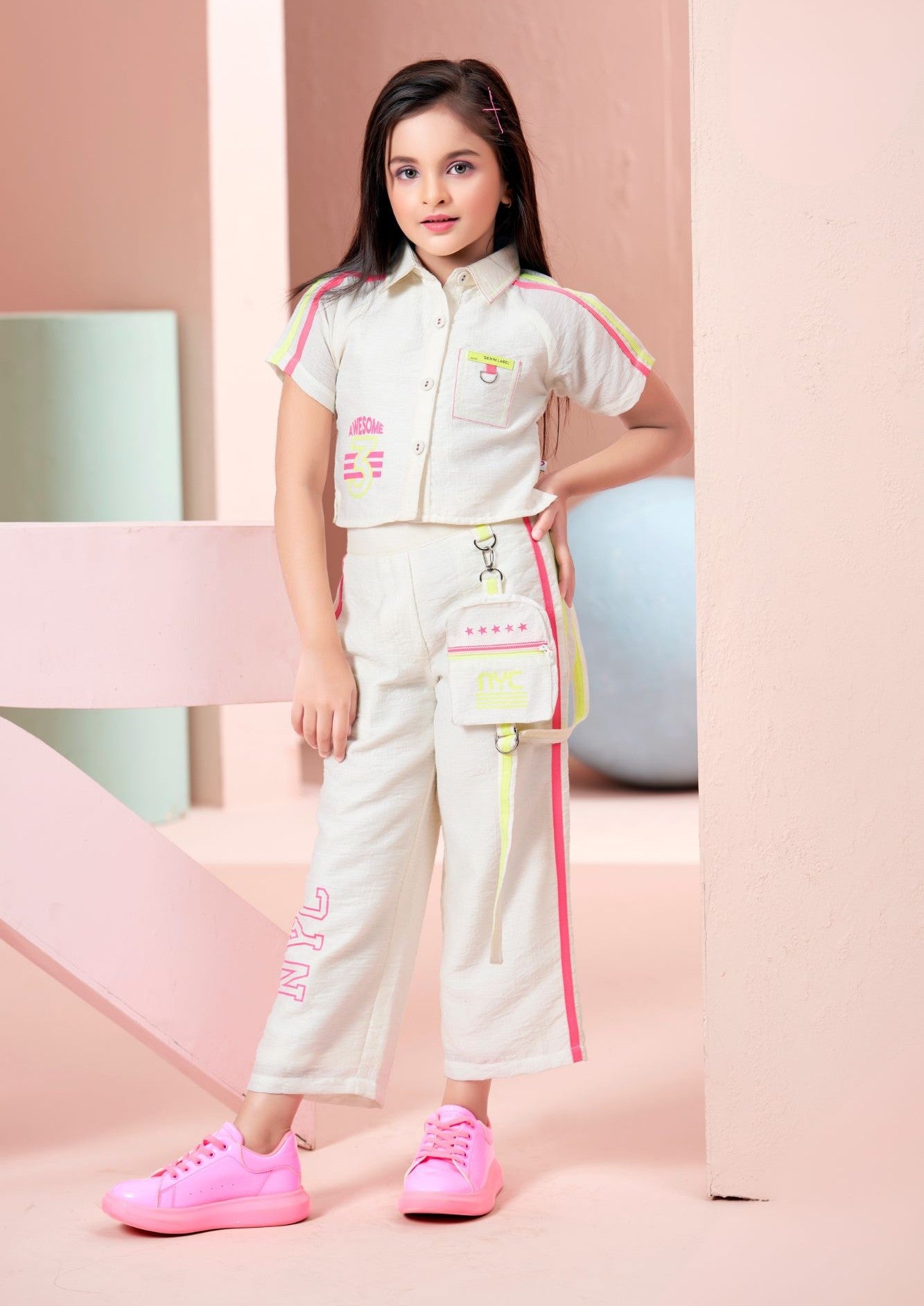Girls Off-White Co-Ord Set with Neon Stripe Pants