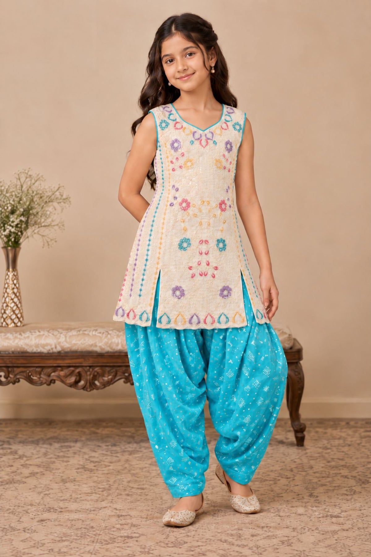 Blue Embroidered Patiala Set with Dupatta For Girls