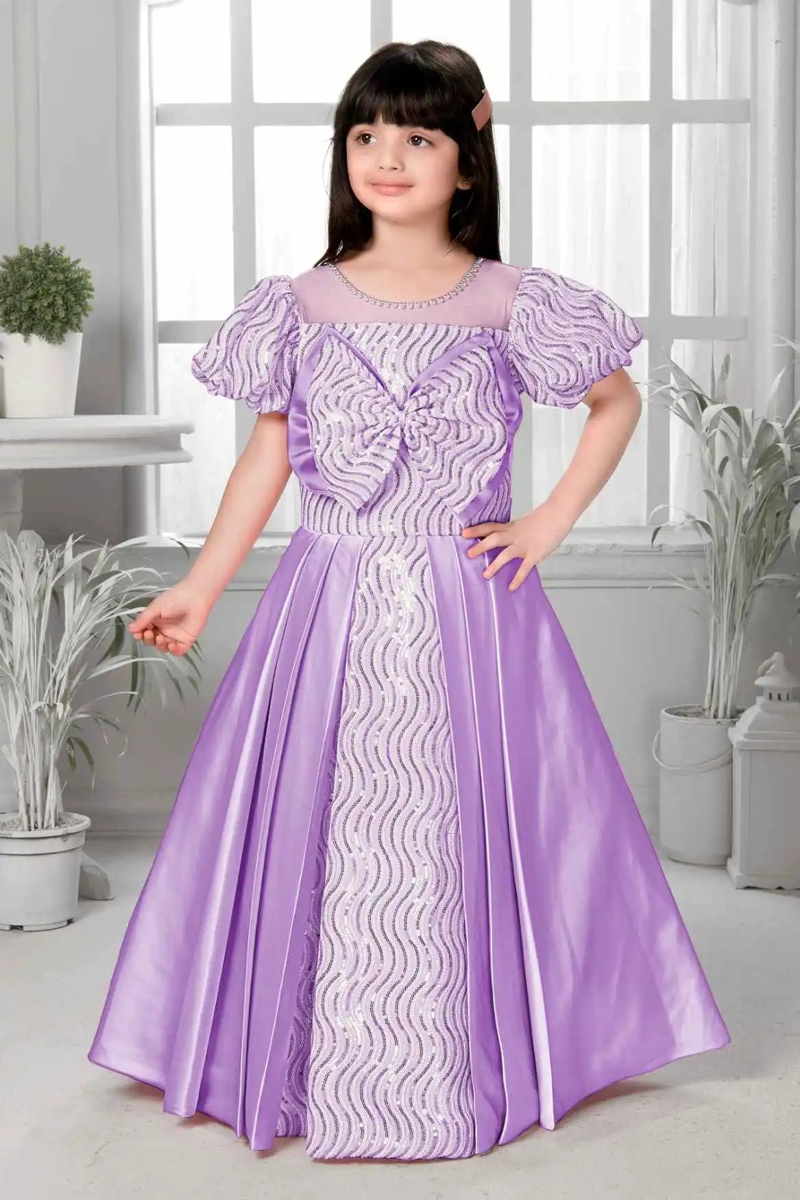 Lavender Sequin Gown With Puff Sleeves And Oversized Bow For Girls