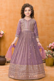 Lavender Embroidered Long Ethnic Gown with Dupatta For Girls