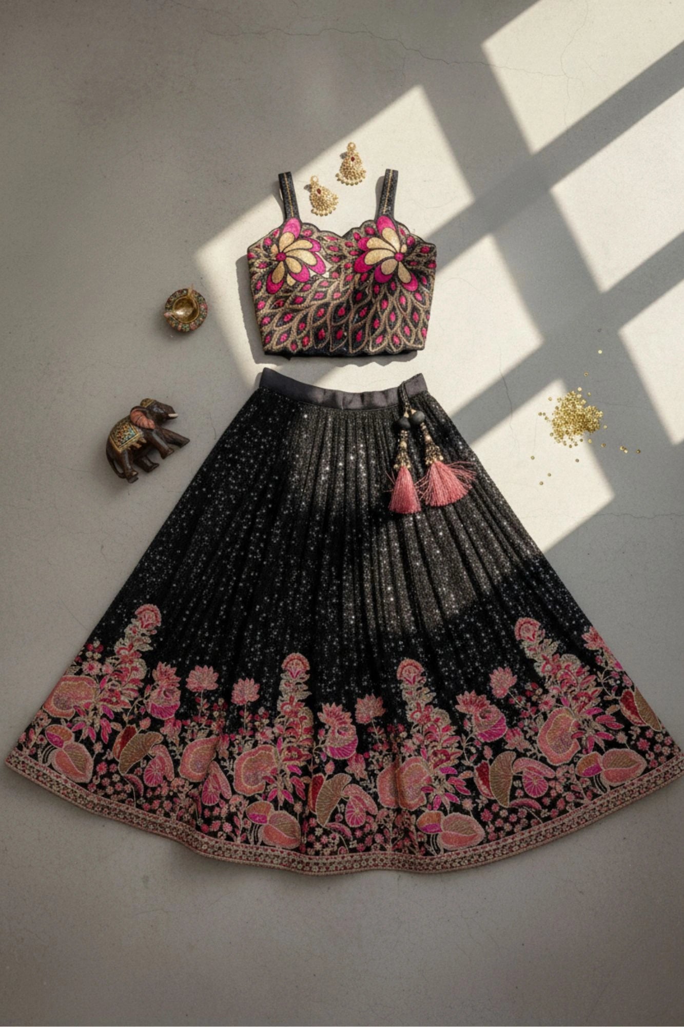 Black Sequin Embroidered Lehenga Choli with Floral Detailing For Girls