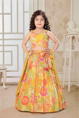 Mustard And Stone Work With Floral Printed Lehenga Choli Set For Girls