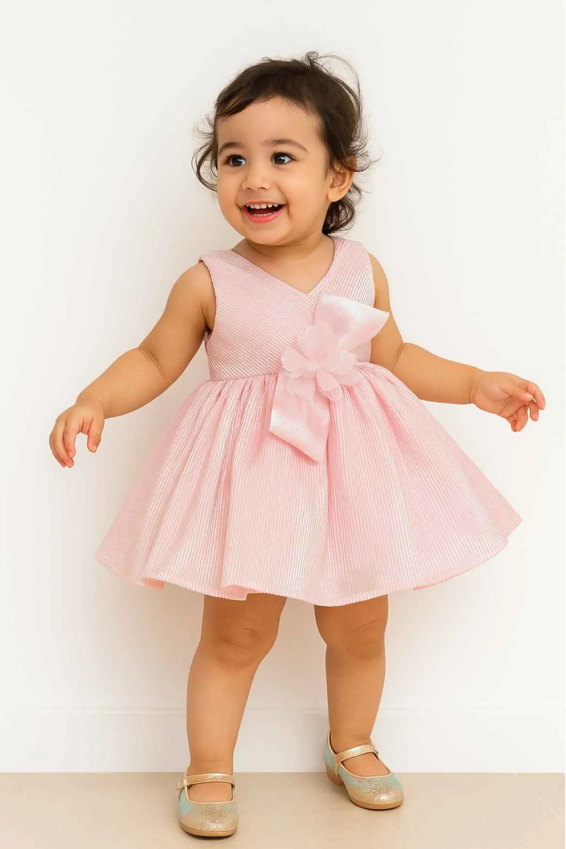 Pink Shimmer V-Neck Party Dress With Floral Bow For Girls