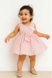 Pink Shimmer V-Neck Party Dress With Floral Bow For Girls