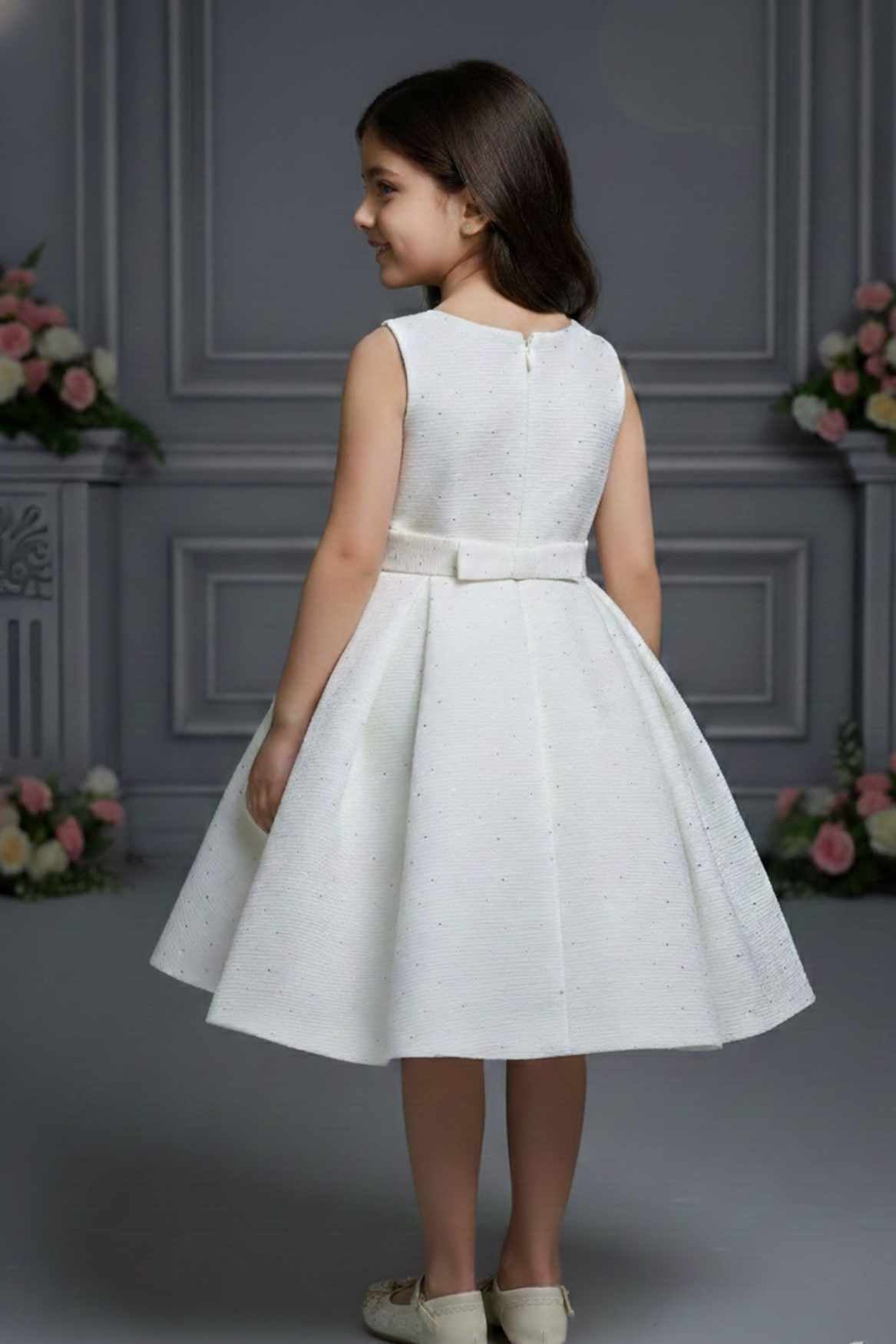 Ivory Party Frock with Gold Embellished Shrug And Bow Waist Accent For Girls