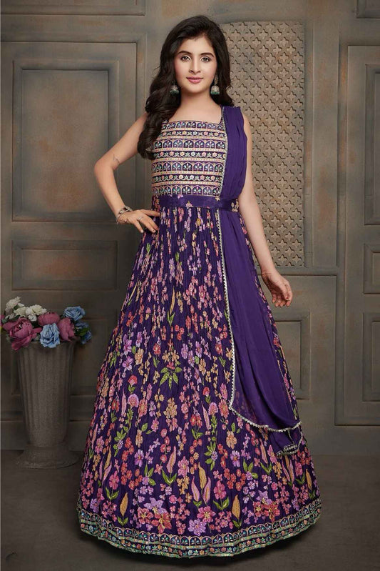 Purple Kashmiri Printed And Sequin Work With Zari Embroidery Gown For Girls