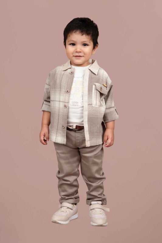 Brown Checked Shirt And Pant Set With White T Shirt For Boys