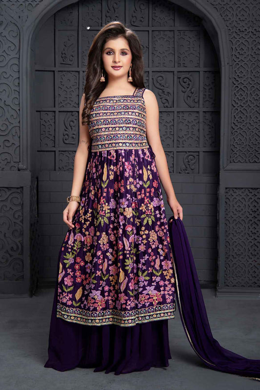 Purple Kashmiri Print And Sequin Work With Zari Embroidery Palazzo Set For Girls