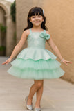 Sea Green & Silver Layered Party Frock with Shoulder Bow For Girls