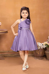 Lavender Satin Frock With Floral Embellishment For Girls