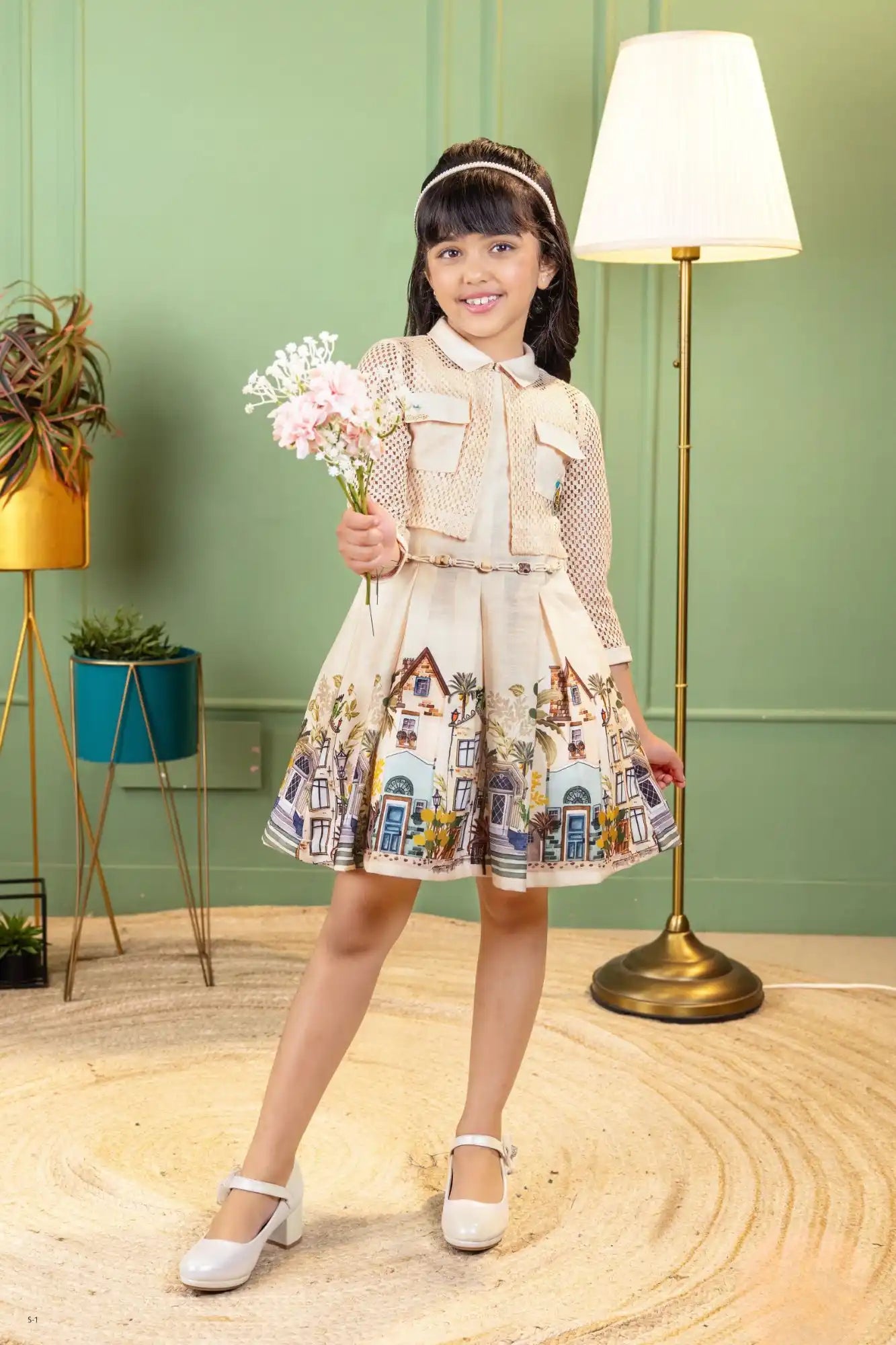 Dreamy Cream Cityscape Dress for Girls