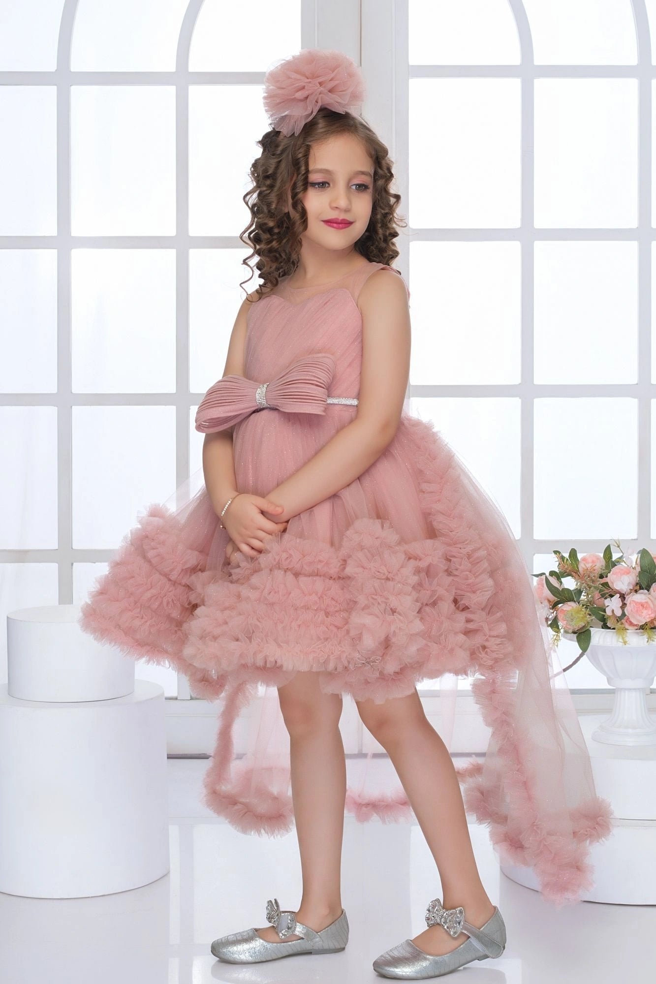 Onion Pink High-Low Tulle Party Frock with Oversized Bow For Girls