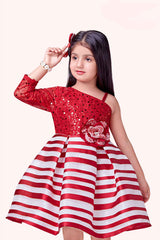 Red Sequin And Floral Embellished Party Wear Frock For Girls