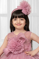 Onion Pink Sleeveless And Sequins Work With Floral Embellished Tail Back Frock For Girls