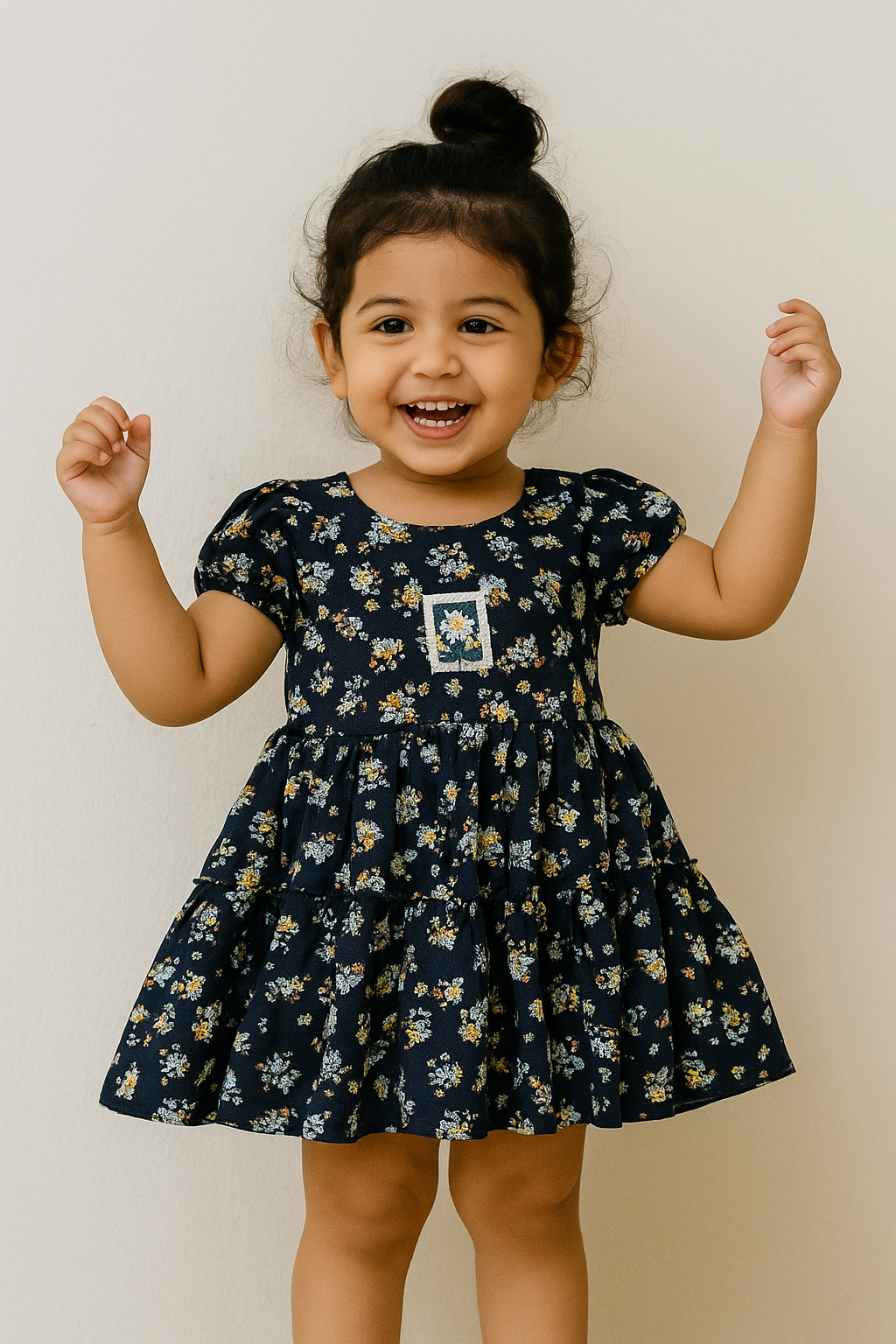 Navy Blue Tiered Floral Dress for Girls