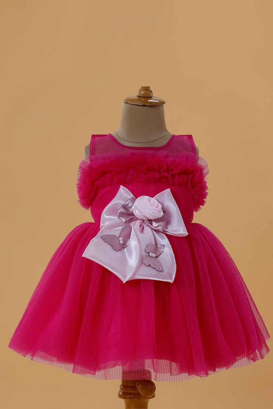 Stylish Rani Pink Frock With Bow Embellished For Girls