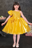 Yellow Party Wear Frock With Sequin Bodice And Statement Ruffle Detail For Girls