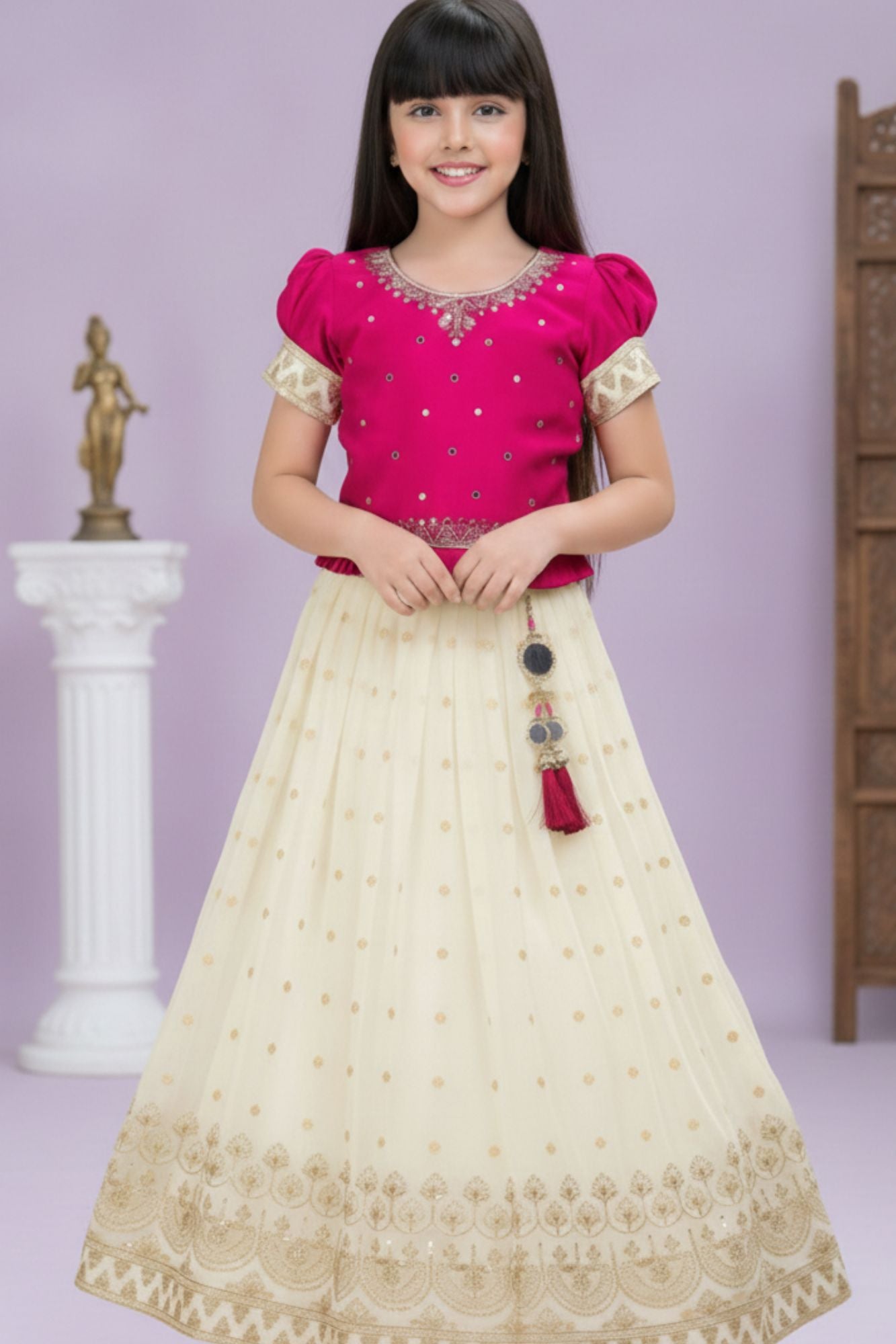 Magenta Embroidered Silk Pattu Pavadai with Puff Sleeves For Girls