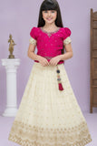 Magenta Embroidered Silk Pattu Pavadai with Puff Sleeves For Girls