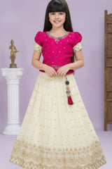 Magenta Embroidered Silk Pattu Pavadai with Puff Sleeves For Girls