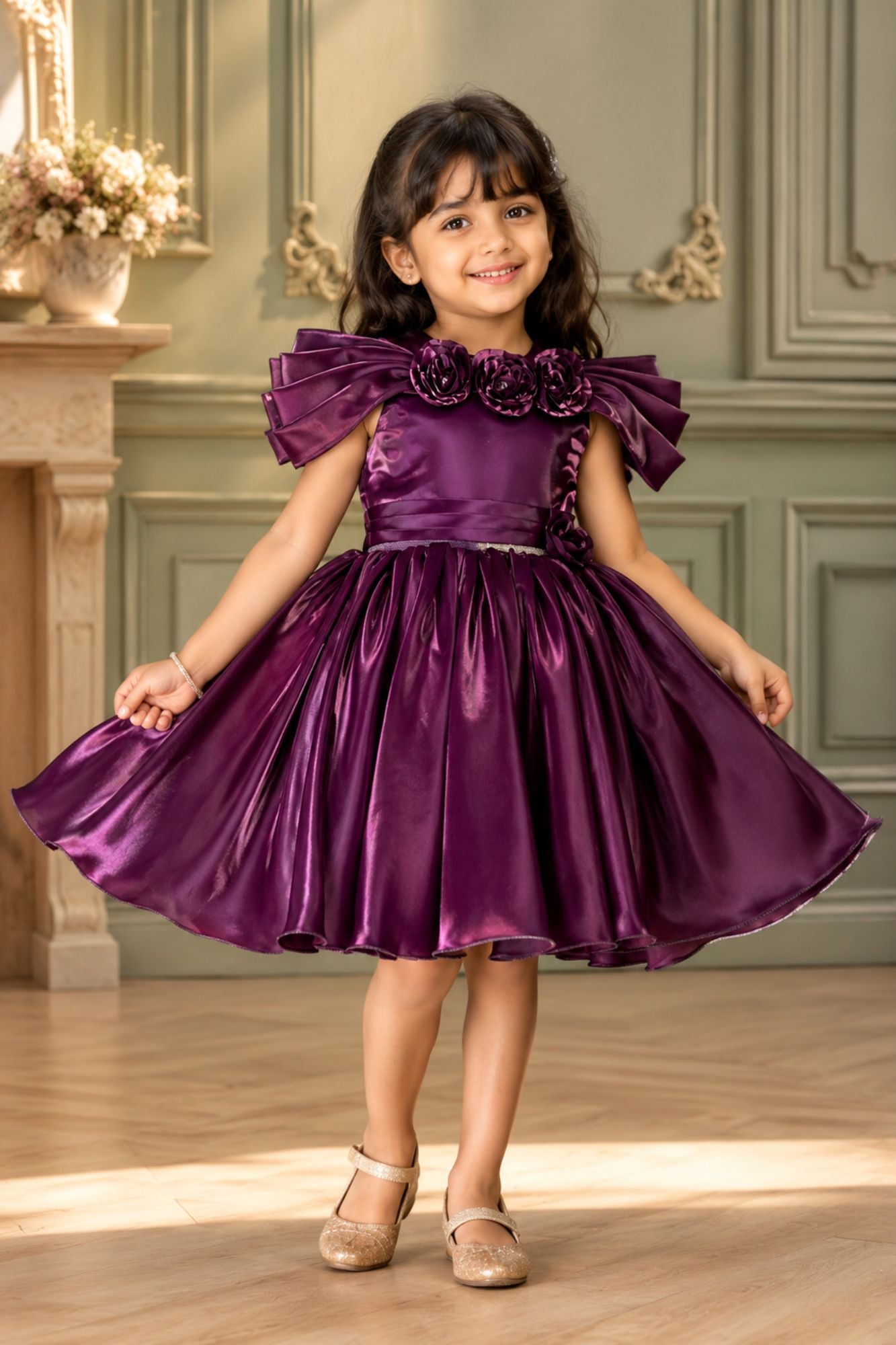 Wine Floral Embellishment With Stone Worked Frock For Girls