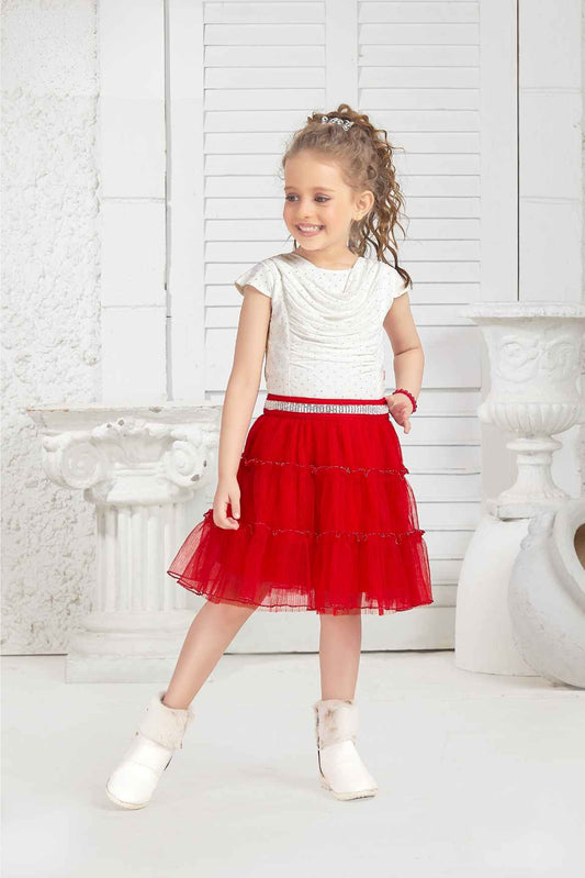 Red Skirt With White Stone Work Top Party Set For Girls