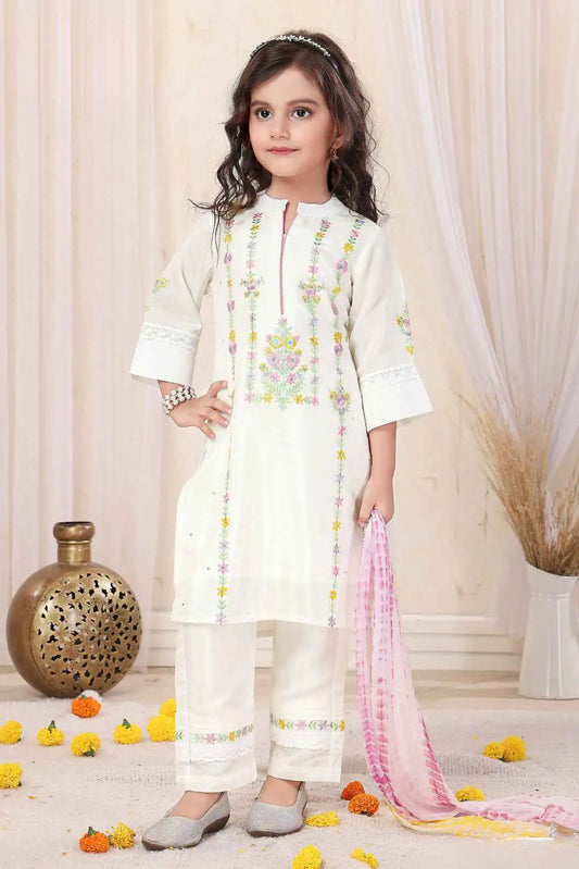 White Kurta Set With Multicolor Embroidery And Yellow-Green Dupatta For Girls