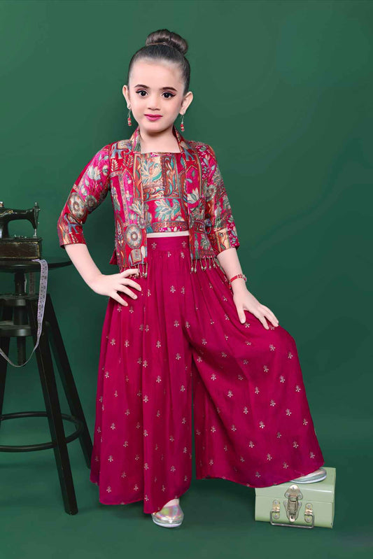 Rani Pink Zari Embroidered Palazzo Set With Overcoat  For Girls