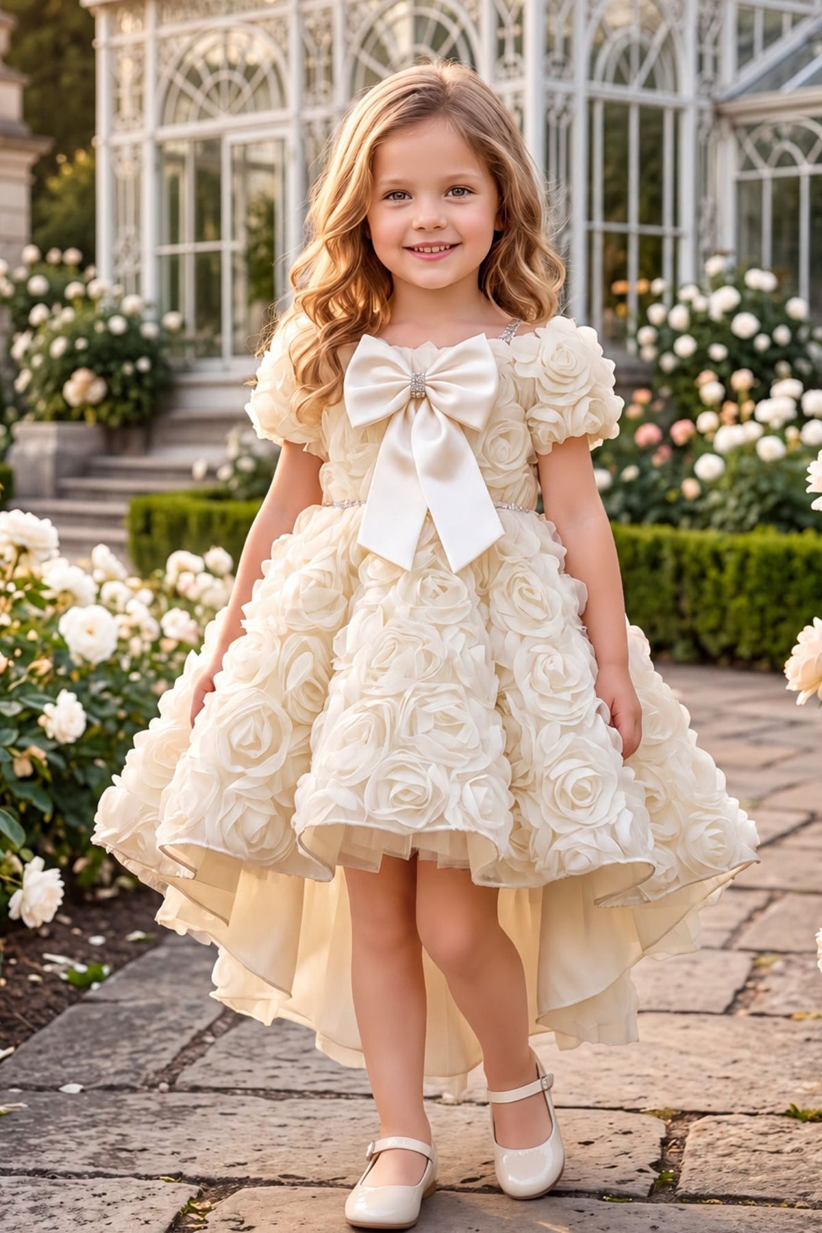 Girls Cream 3D Floral Net High-Low Party Frock With Statement Bow
