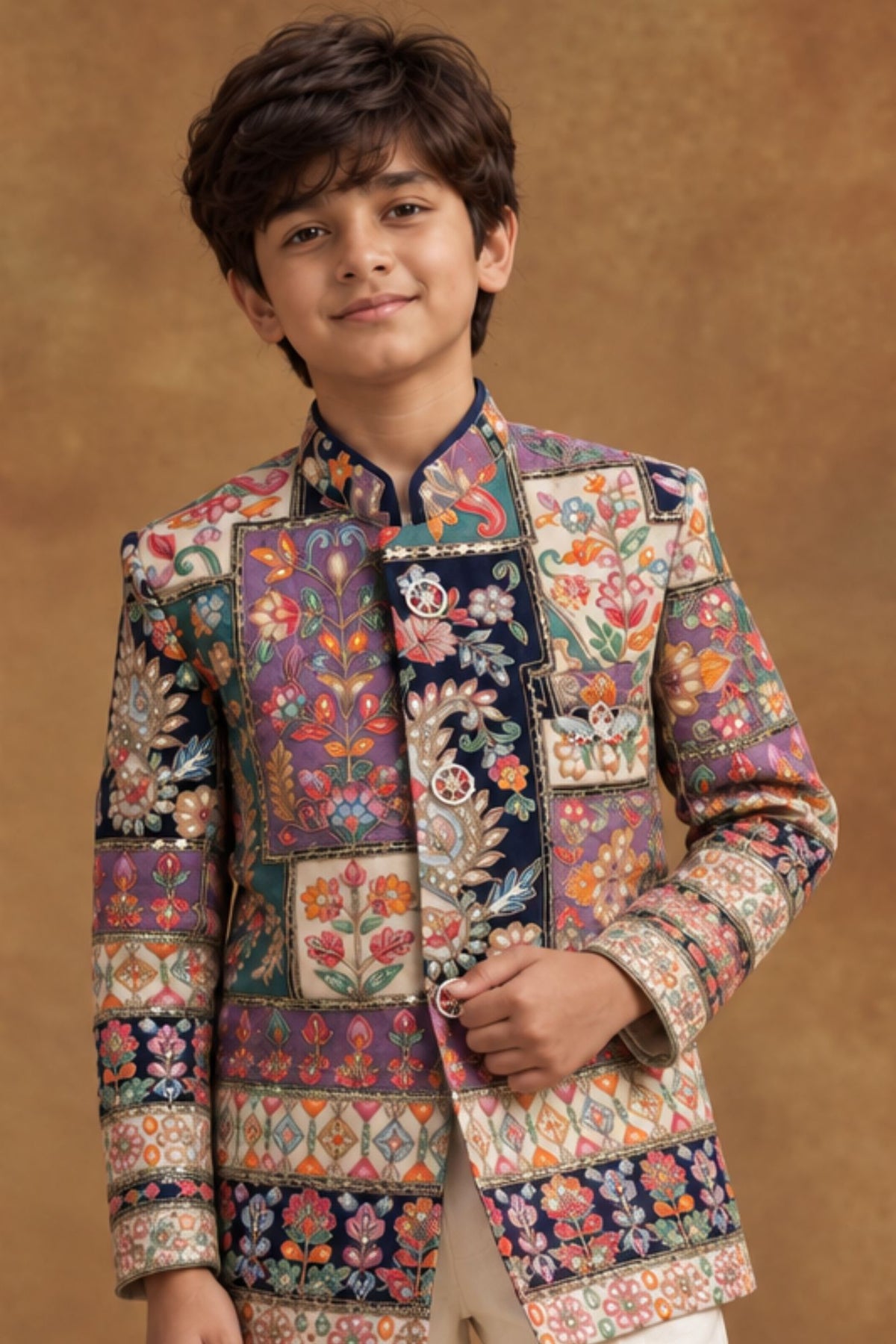 Multicolor Sequin Embroidered Sherwani Set with Tailored Pants For Boys