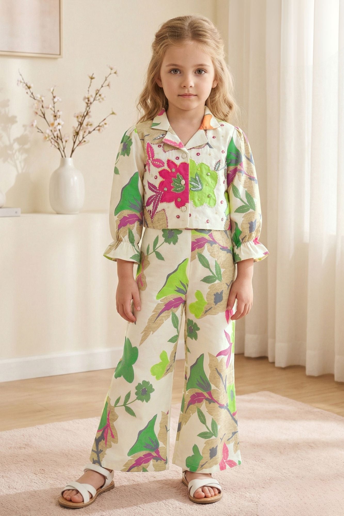 Girls Cream With Floral Printed Casual Co-Ord Set