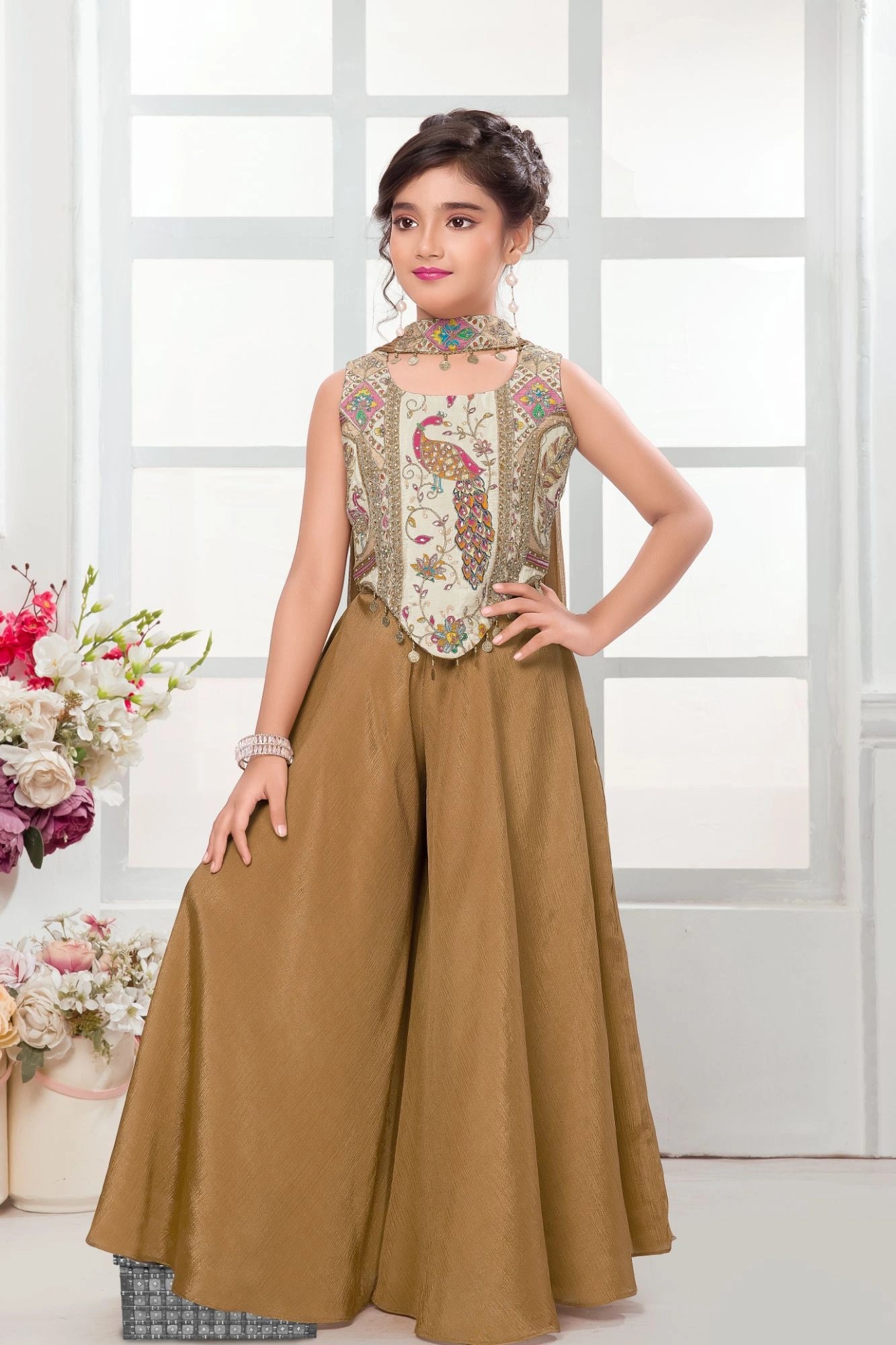 Brown & Gold Peacock Embroidered Palazzo Set with Dupatta For Girls