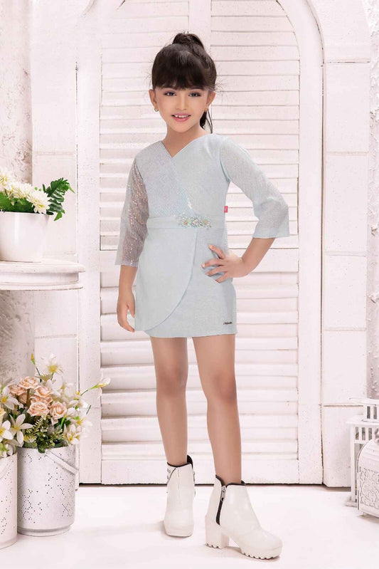 Blue 3/4th Sleeves And Sequins Work With Floral Embellished Dress For Girls