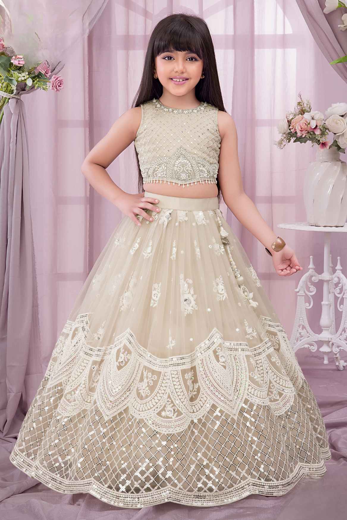 Cream Sequins Work And Embroidered With Pearl Work Lehenga Choli For Girls