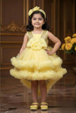 Girls Yellow Sequin Party Frock with Layered Tulle and Floral Detail