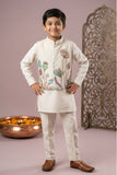 Boys Beige Kurta Pajama Set with Green Floral Printed Nehru Jacket