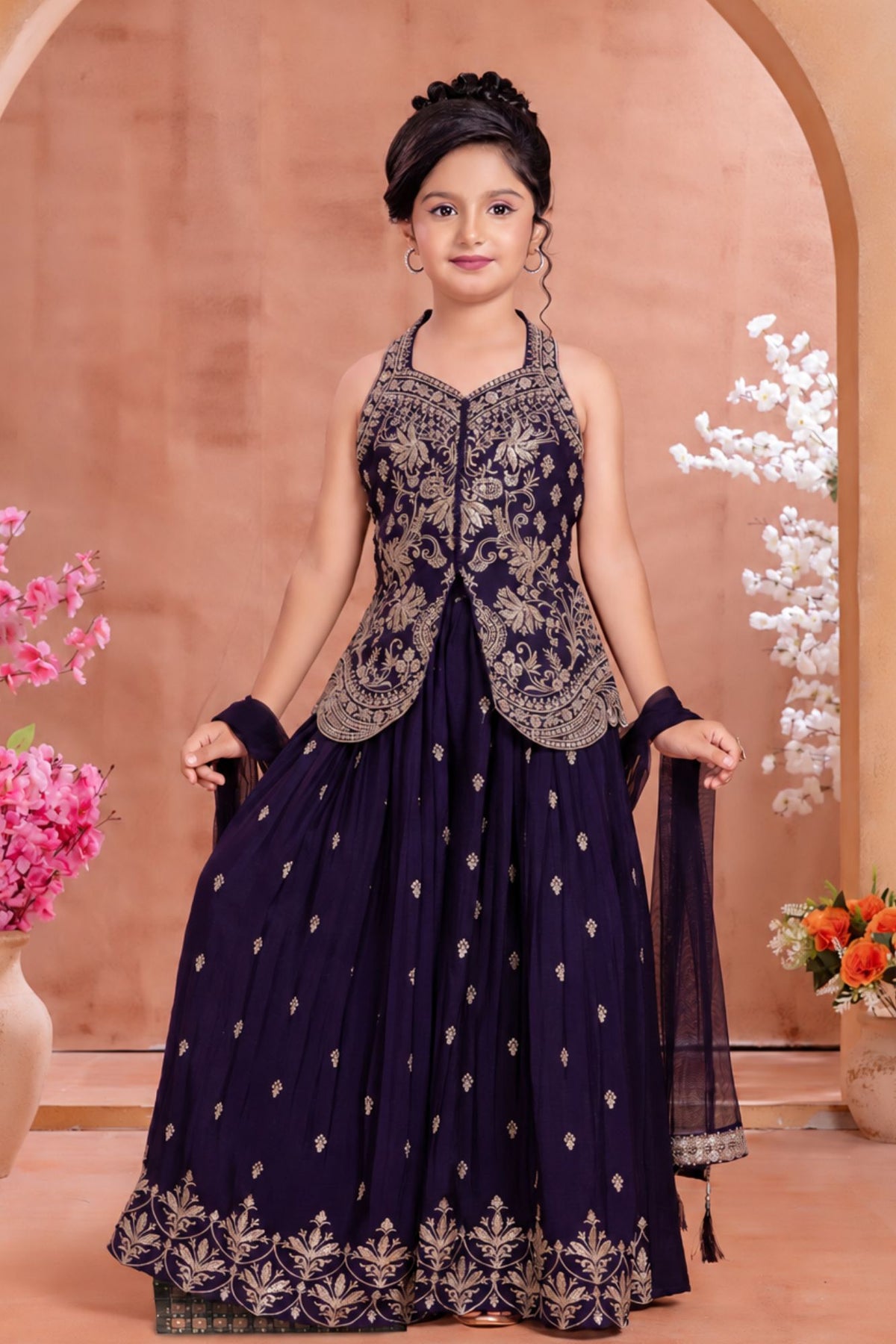 Girls Purple Gold Embroidered Palazzo Set With Dupatta