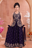 Girls Purple Gold Embroidered Palazzo Set With Dupatta