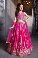 Pink Mirror Work And Zari Embroidered Lehenga Choli For Girls