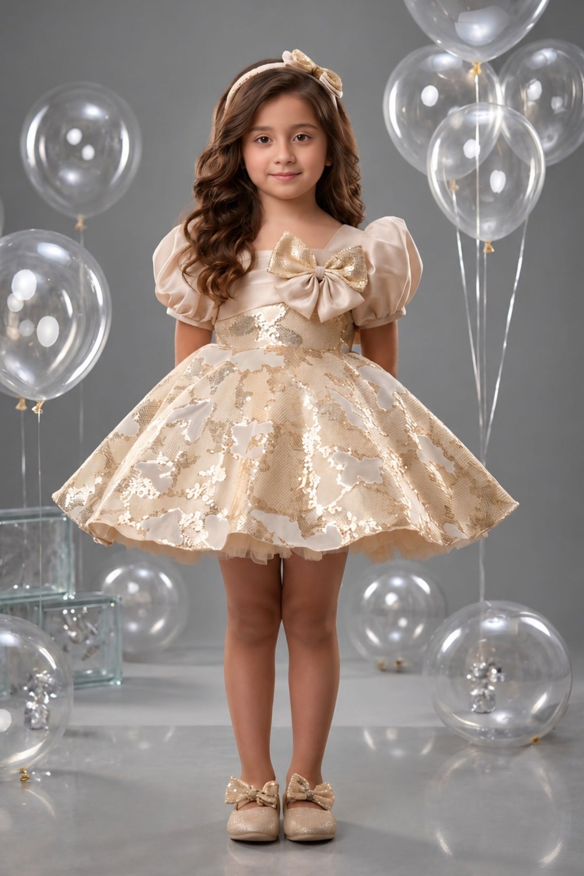 Girls Gold And White Floral  Bow Detail Party Wear Frock