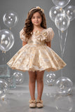 Girls Gold And White Floral  Bow Detail Party Wear Frock